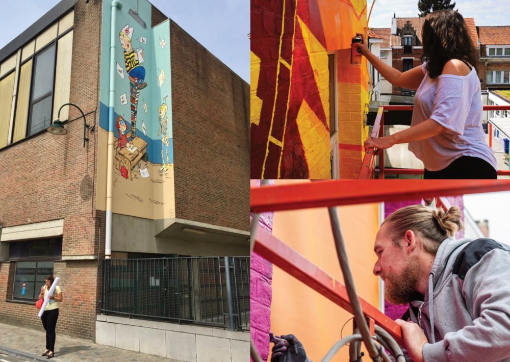 Les fondateurs d'Athéna30, institutrice et architecte muraliste, en plein chantier d'une fresque murale scolaire