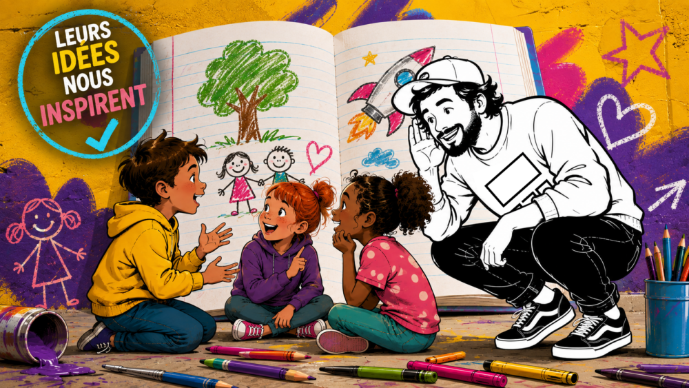 illustration fresque murale scolaire, écouter les idées des enfants avant de peindre