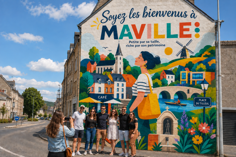 Concept de fresque d'accueil de commune, avec blason et patrimoine local peints en grand format