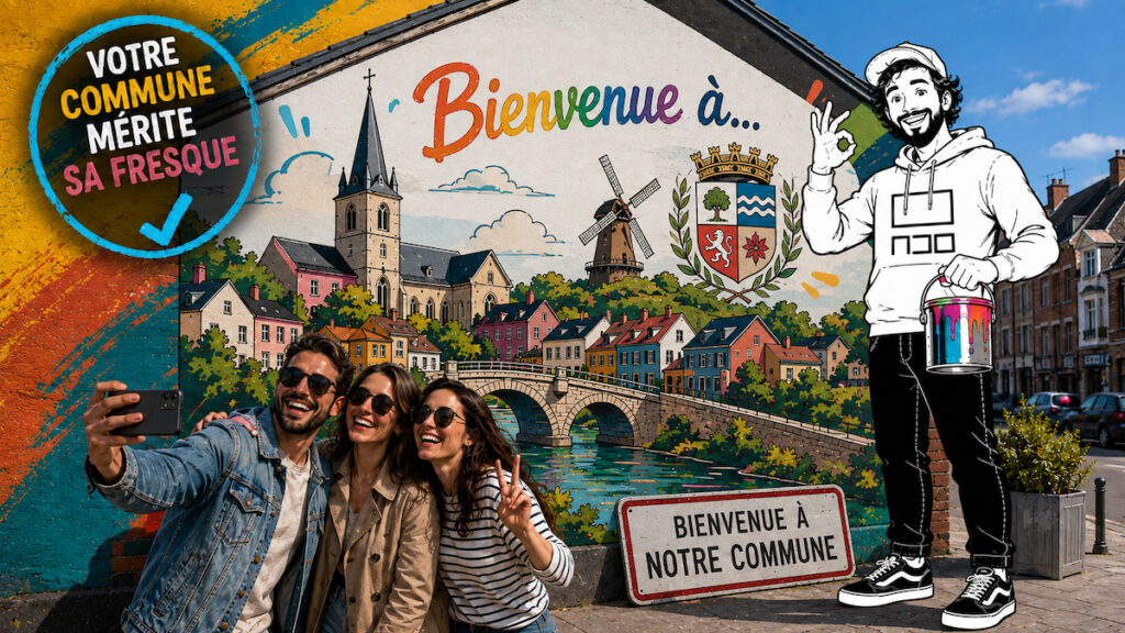 Fresque d'accueil de commune imaginée par A30, avec des visiteurs qui prennent la scène en photo devant le mur peint