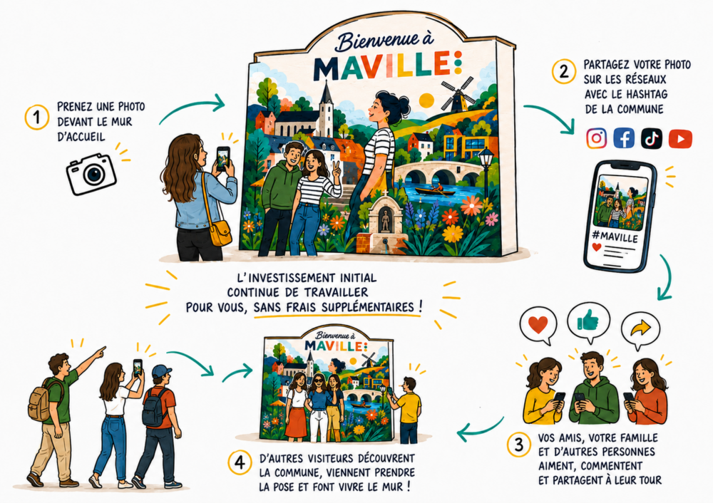 Schéma du processus de partage sur les réseaux sociaux d'une fresque d'accueil de commune, de la photo à la visibilité gratuite