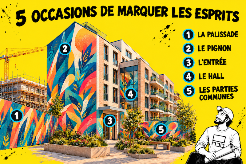 Cinq zones d'un immeuble où une fresque murale marque les esprits : palissade, pignon, entrée, hall et parties communes