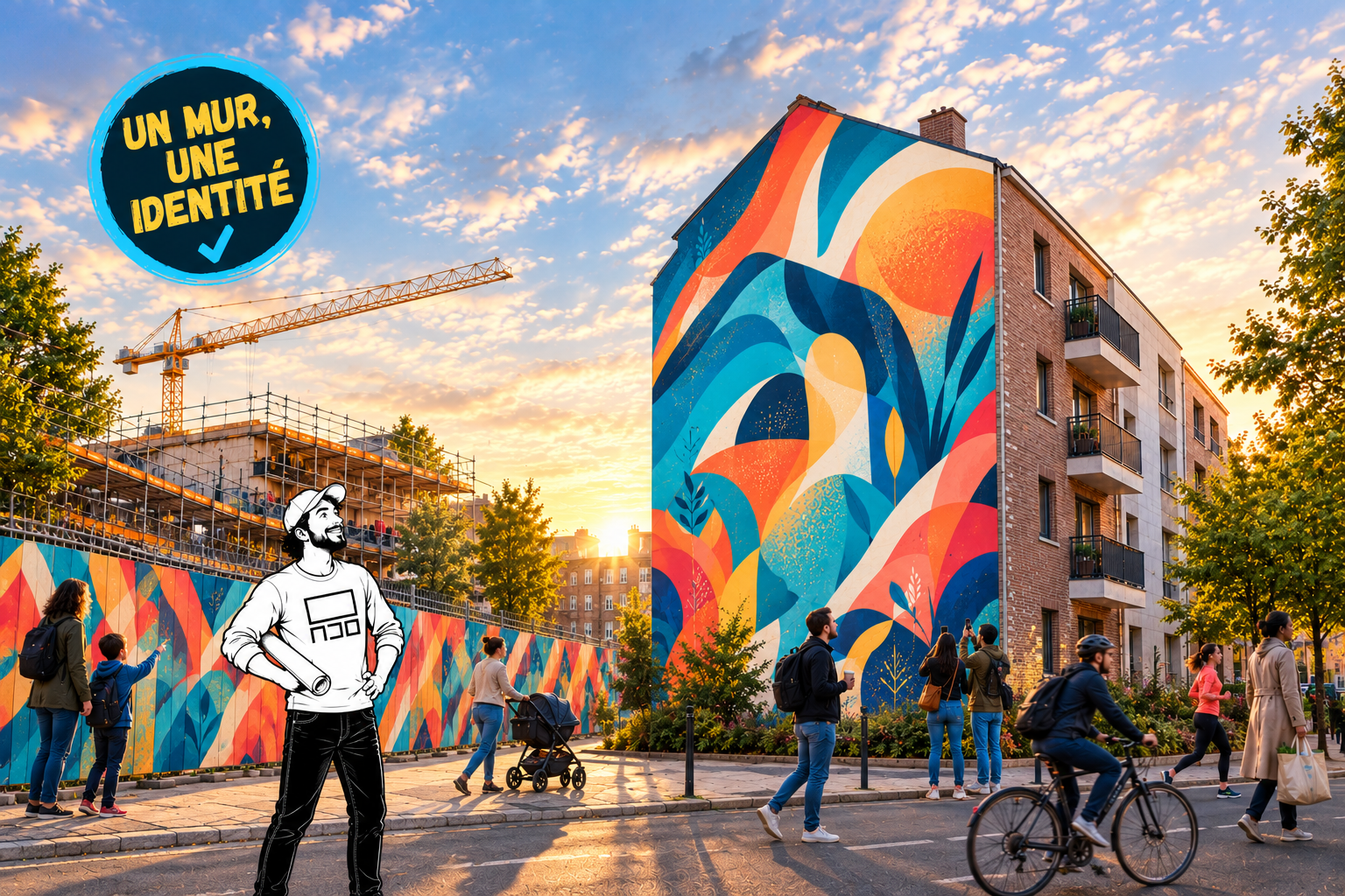 Fresque murale immobilier : personnage A30 devant un chantier et un immeuble ornés de fresques, des passants admirent les fresques